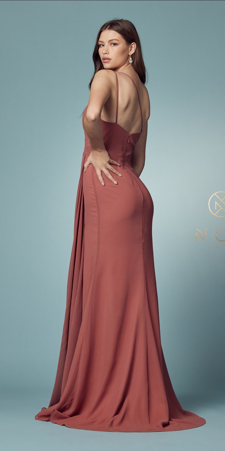 Rusty rose one-shoulder chiffon evening gown, backless with side slit
