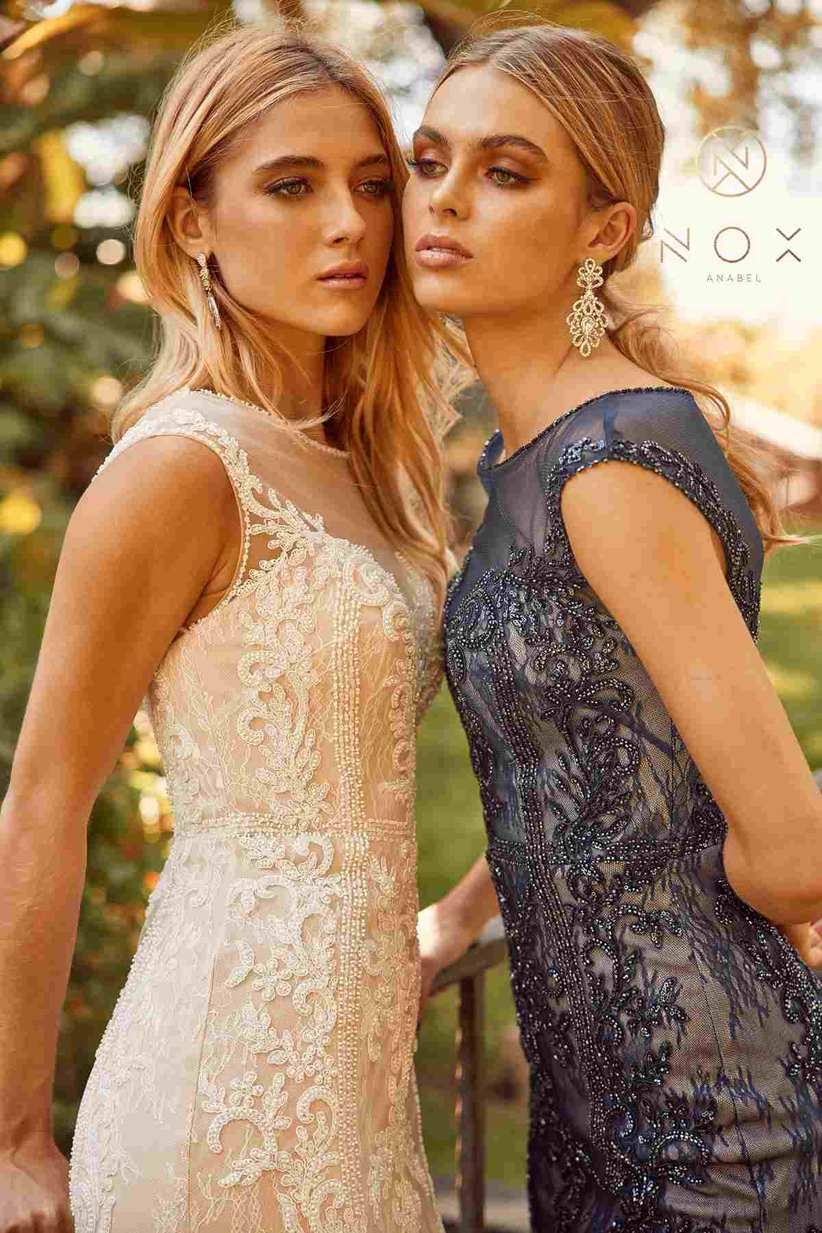 Fitted lace sheath formal dress with illusion neckline, sleeveless, navy blue lace