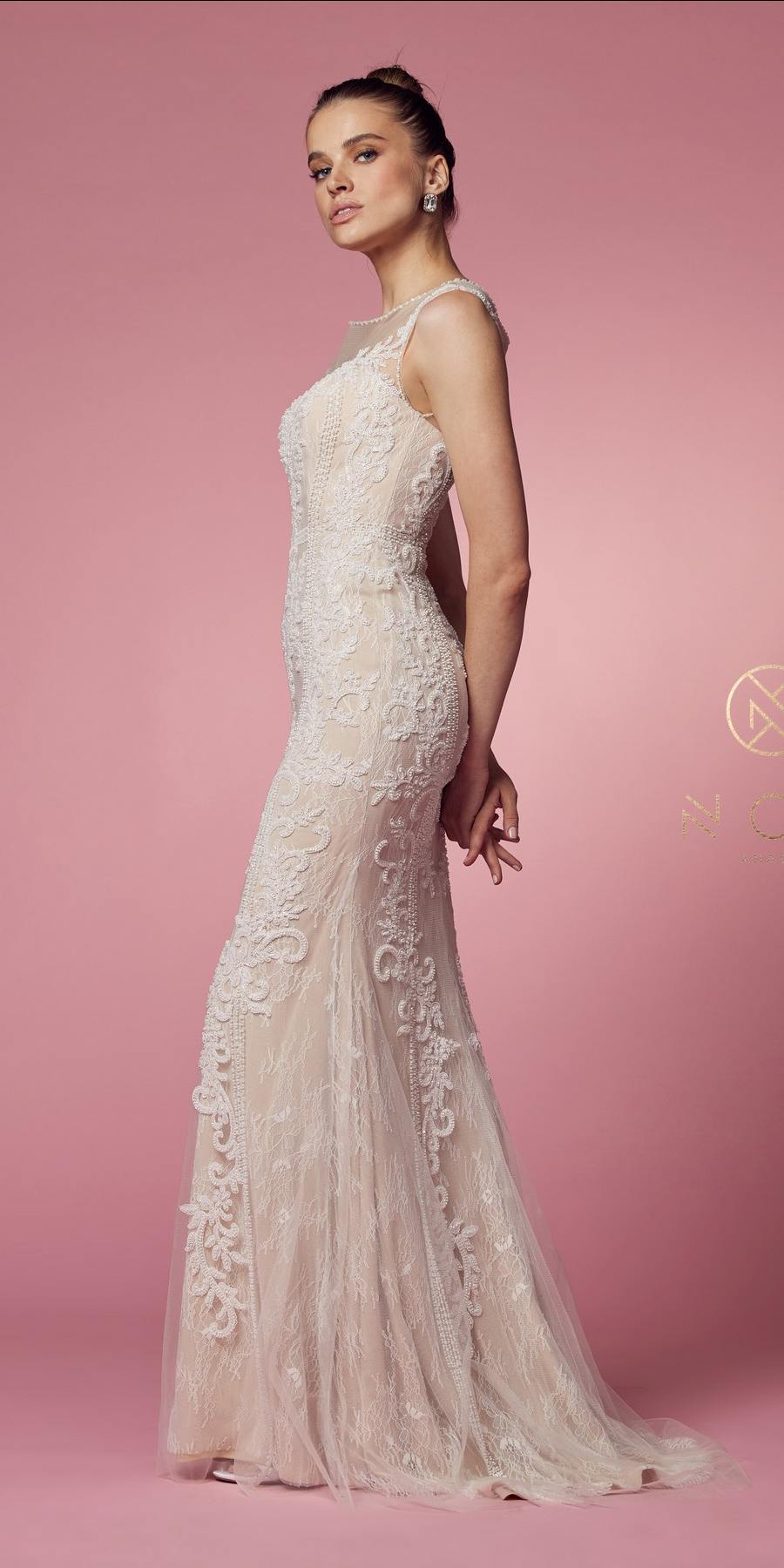 Nude lace sheath formal dress with illusion neckline, sleeveless, fitted, side view