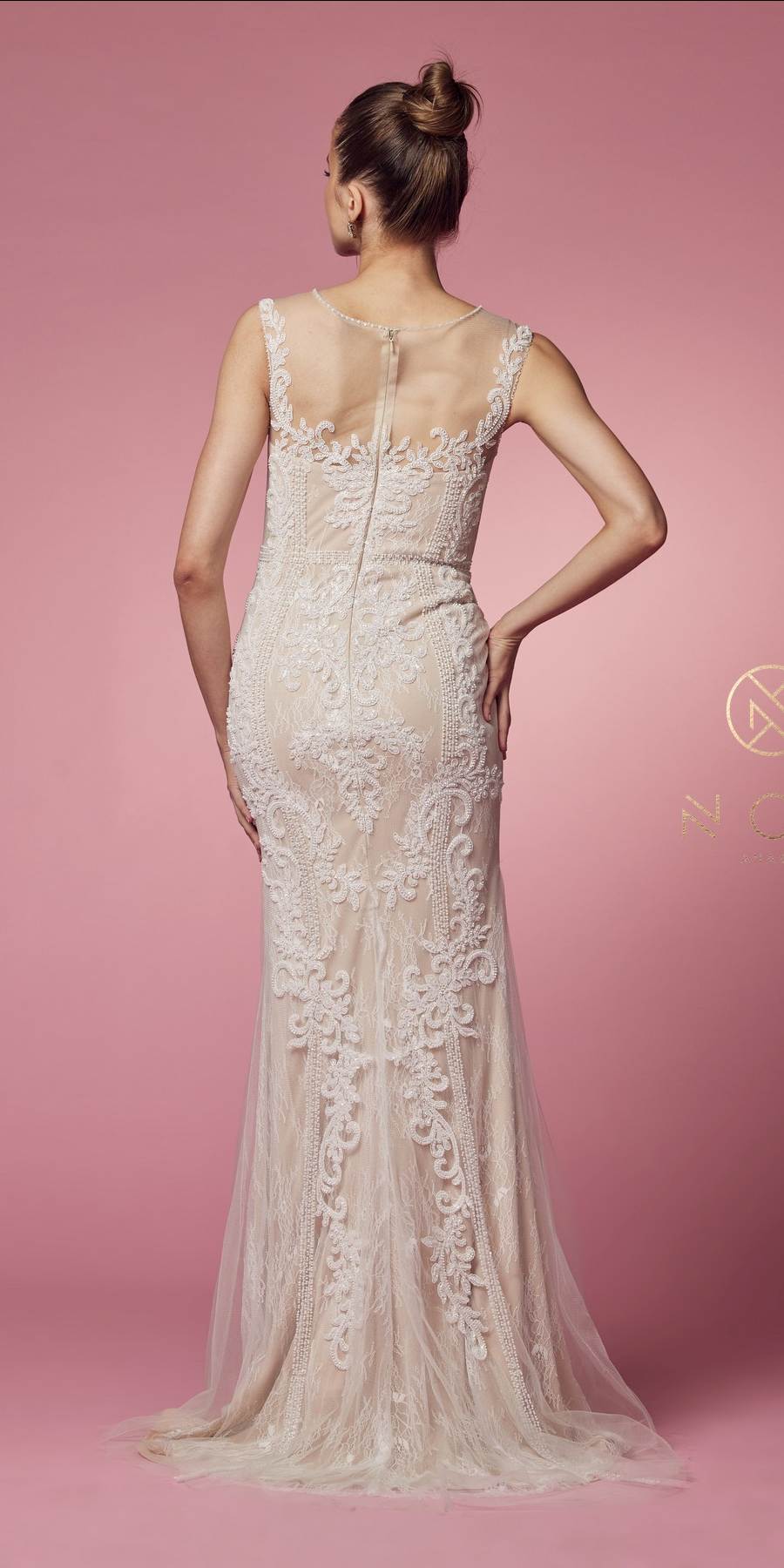 Nude lace sheath formal dress with illusion neckline, sleeveless, back view, long hem