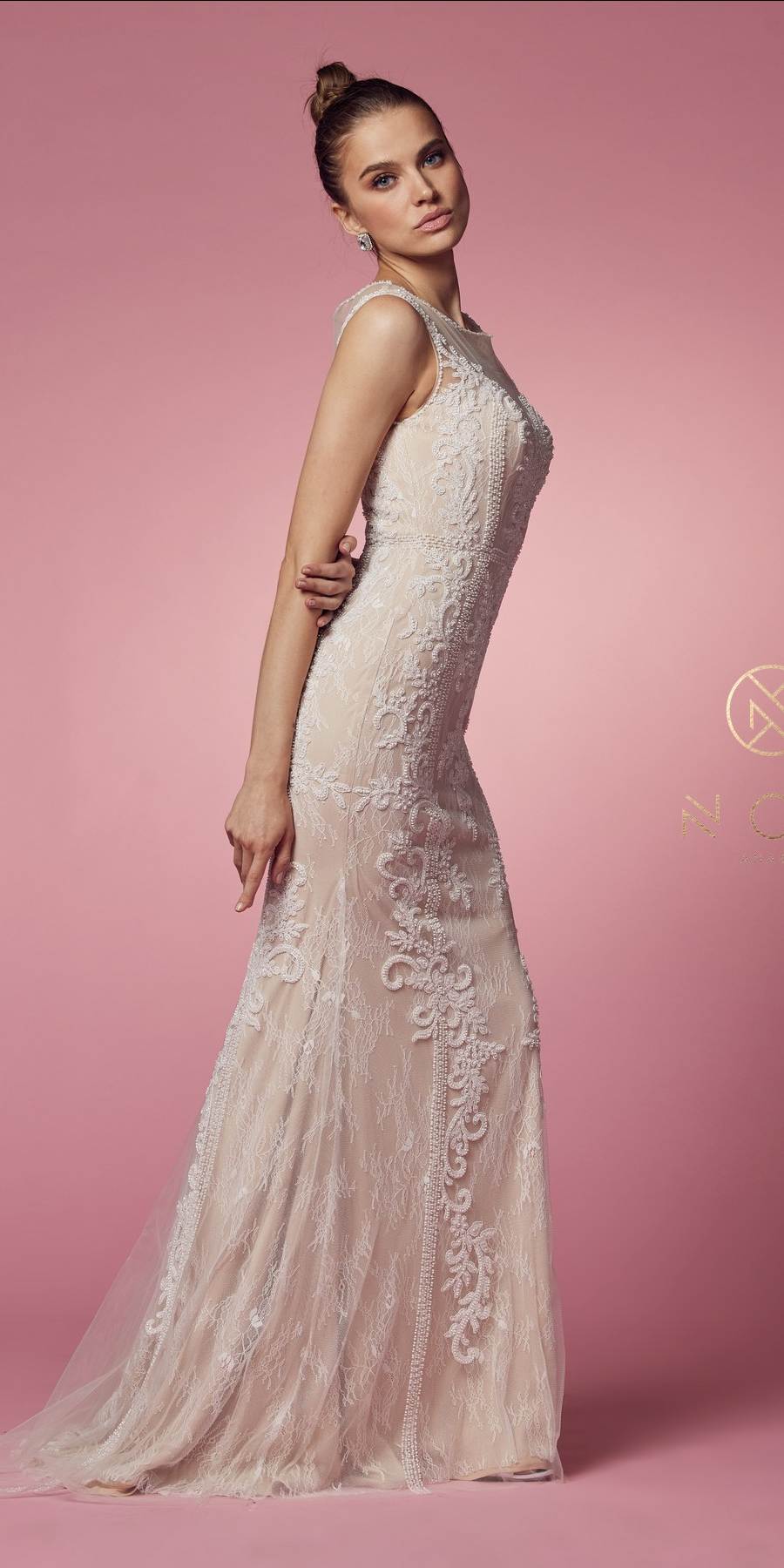 Nude lace sheath formal dress with illusion neckline, sleeveless, fitted, back side view