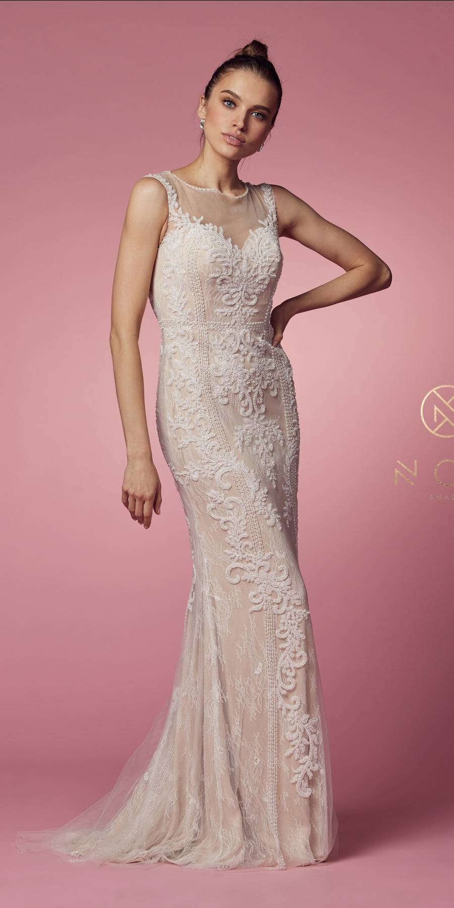 Nude lace sheath formal dress with illusion neckline, sleeveless, fitted, long hem