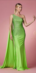 One-shoulder drape sash floor-length dress in neon green with draped back