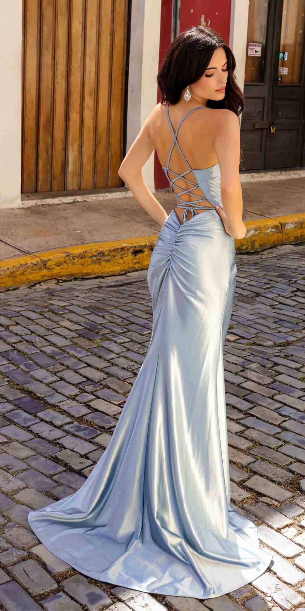 Bustier corset maxi dress with crisscross back straps, light blue