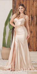 Champagne satin floor-length gown with sweetheart neckline, beaded bodice, leg slit