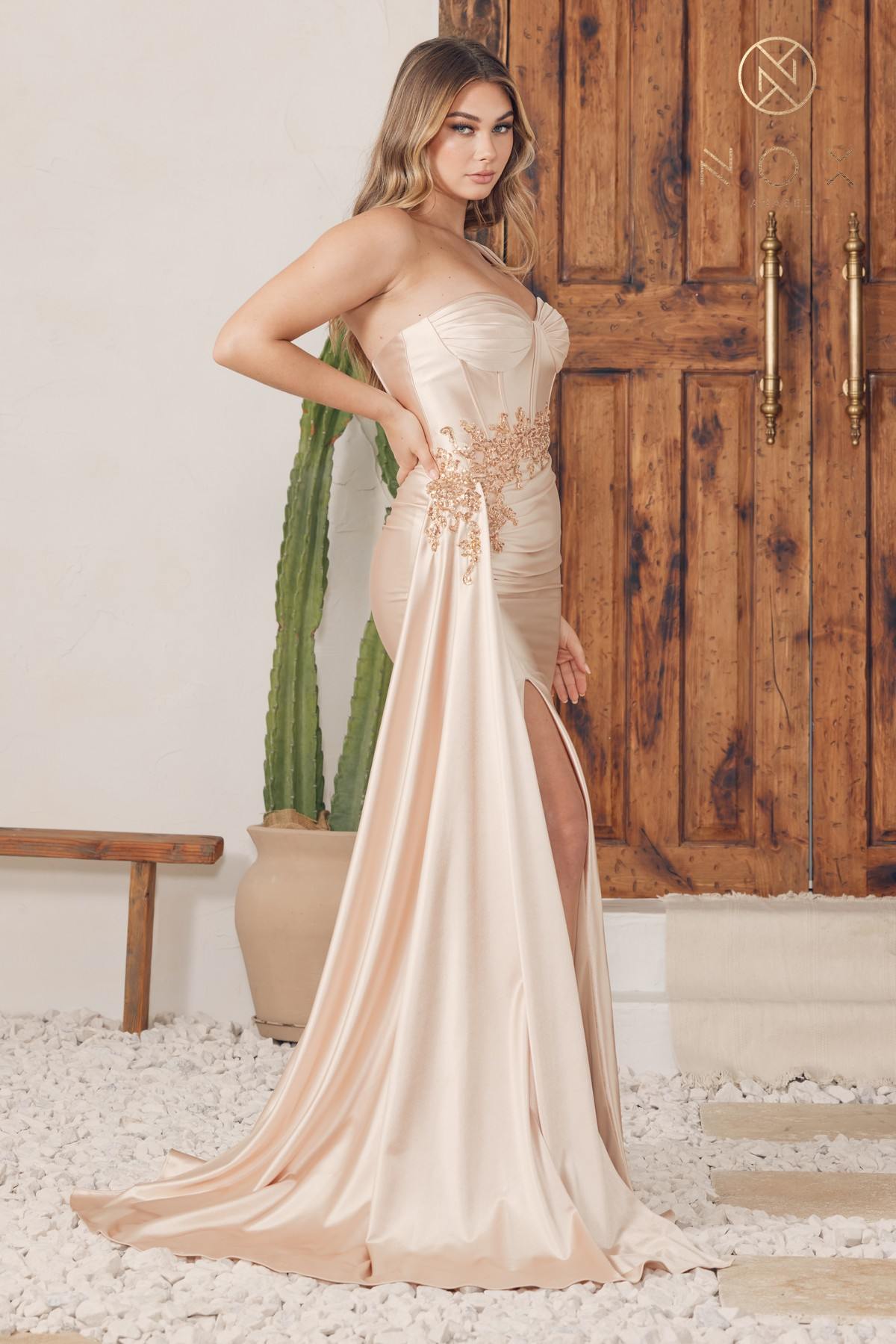 Champagne satin floor-length gown with corset bodice and side leg slit, thin straps