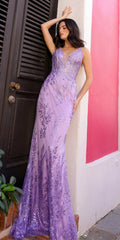 Lavender sequin embroidered formal gown, sleeveless V-neck and long flare