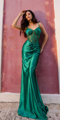 Emerald green satin corset formal gown with beaded bust and ruched sweetheart bodice.