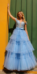 Long off-shoulder sweetheart tulle gown in light blue with tiered ruffle skirt
