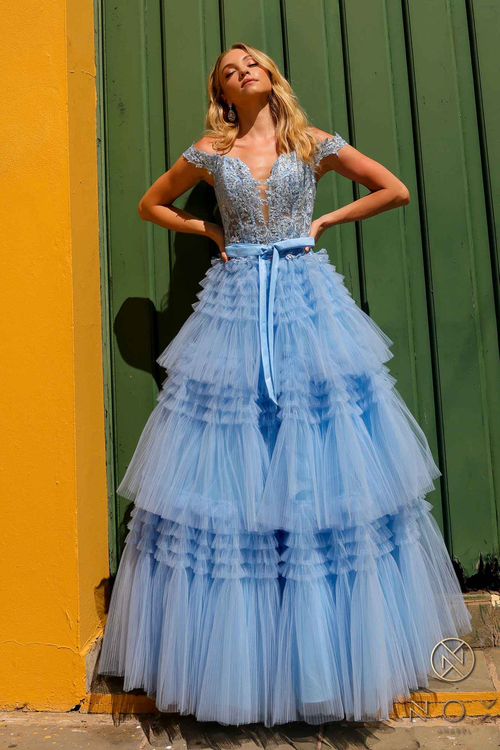 Blue long off-shoulder sweetheart ruffled tiered tulle gown