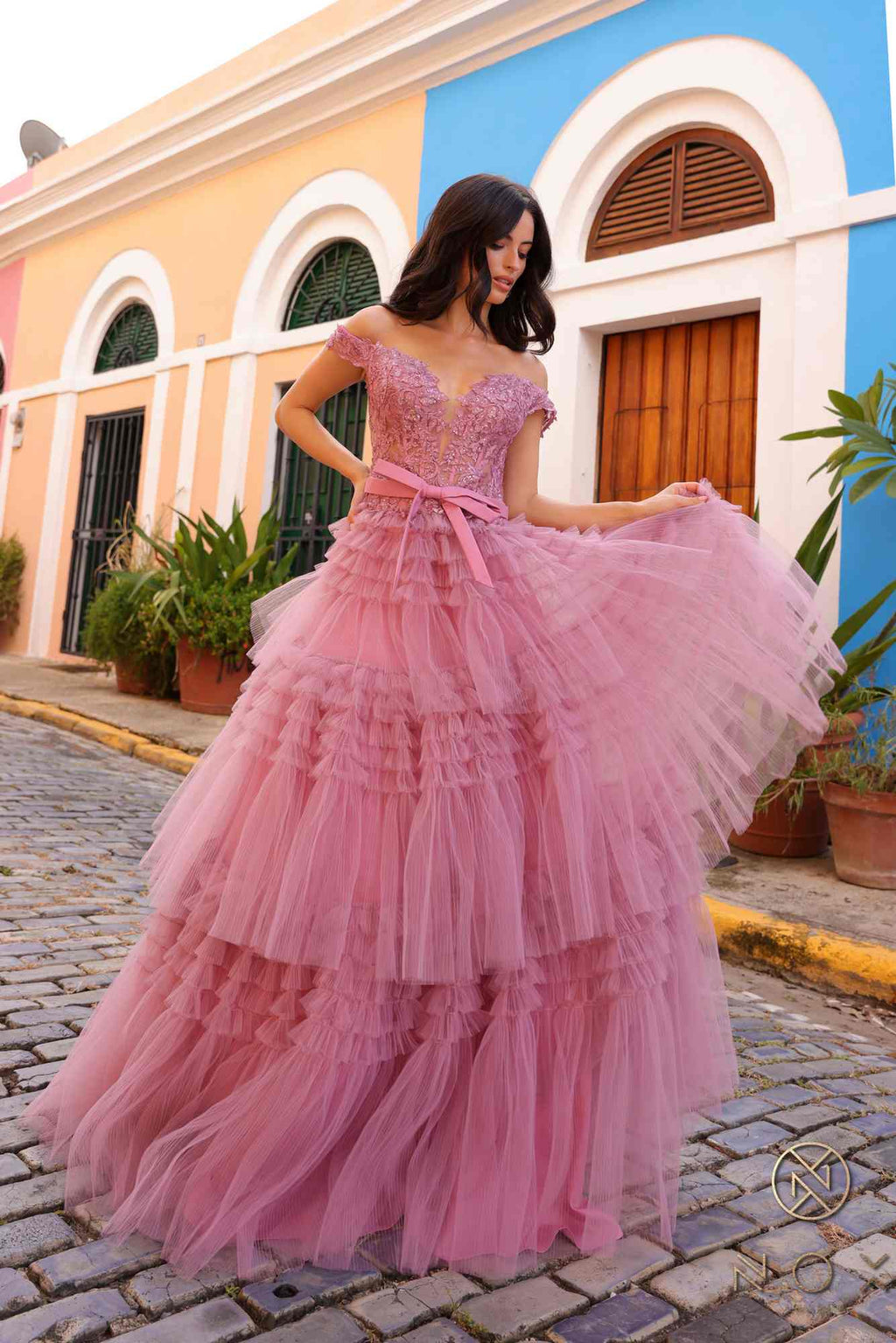 Long off-shoulder sweetheart tulle gown with sparkling bodice and tiered ruffle tiers