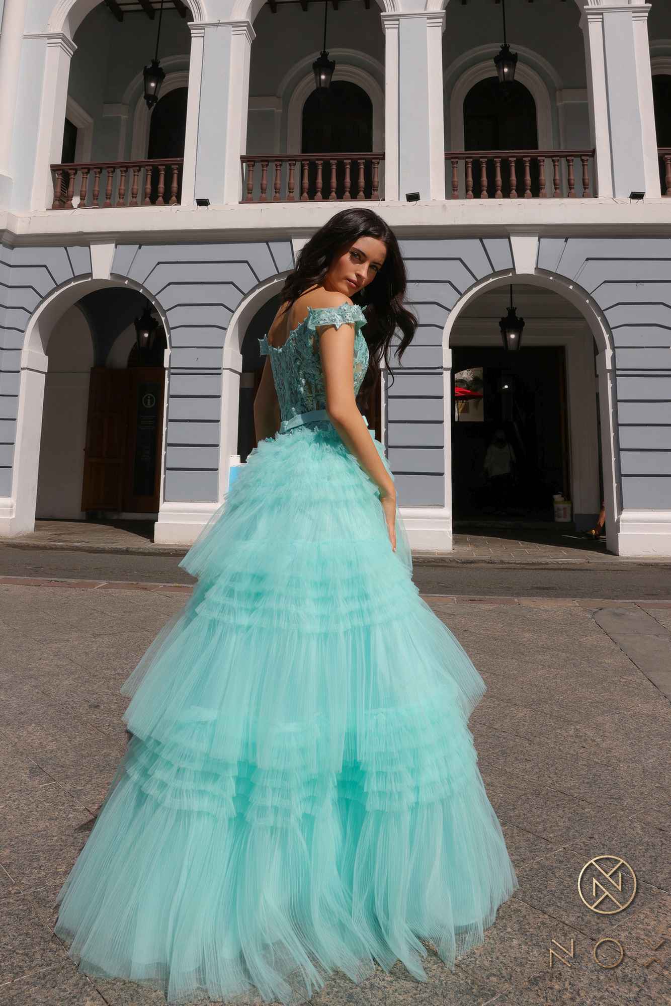 Long off-shoulder sweetheart tulle gown in mint, tiered ruffle hem and waist sash