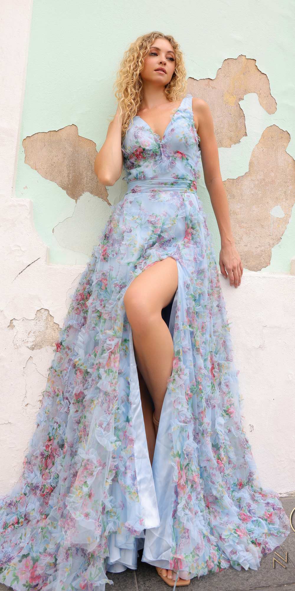 Blue floral print evening gown, sleeveless V-neck A-line with side slit