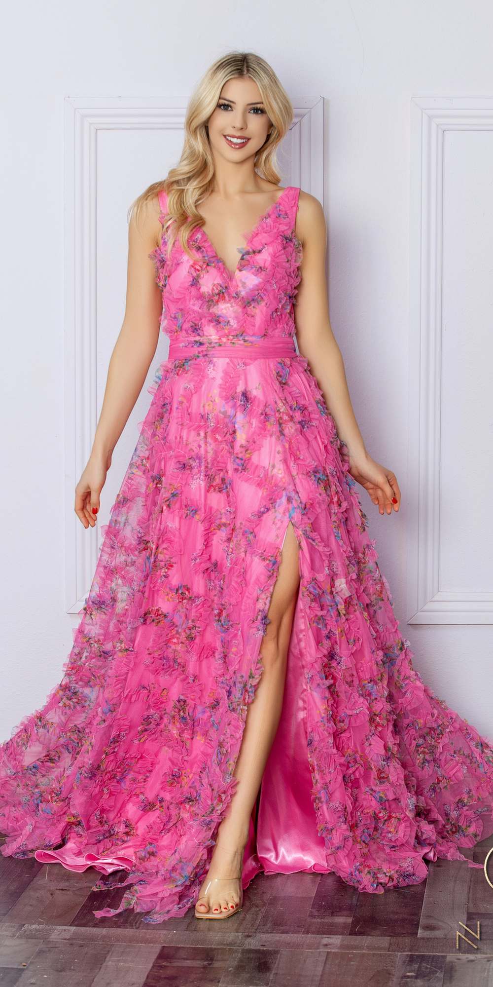 Fuchsia floral print evening gown with V-neck, sleeveless A-line and side slit