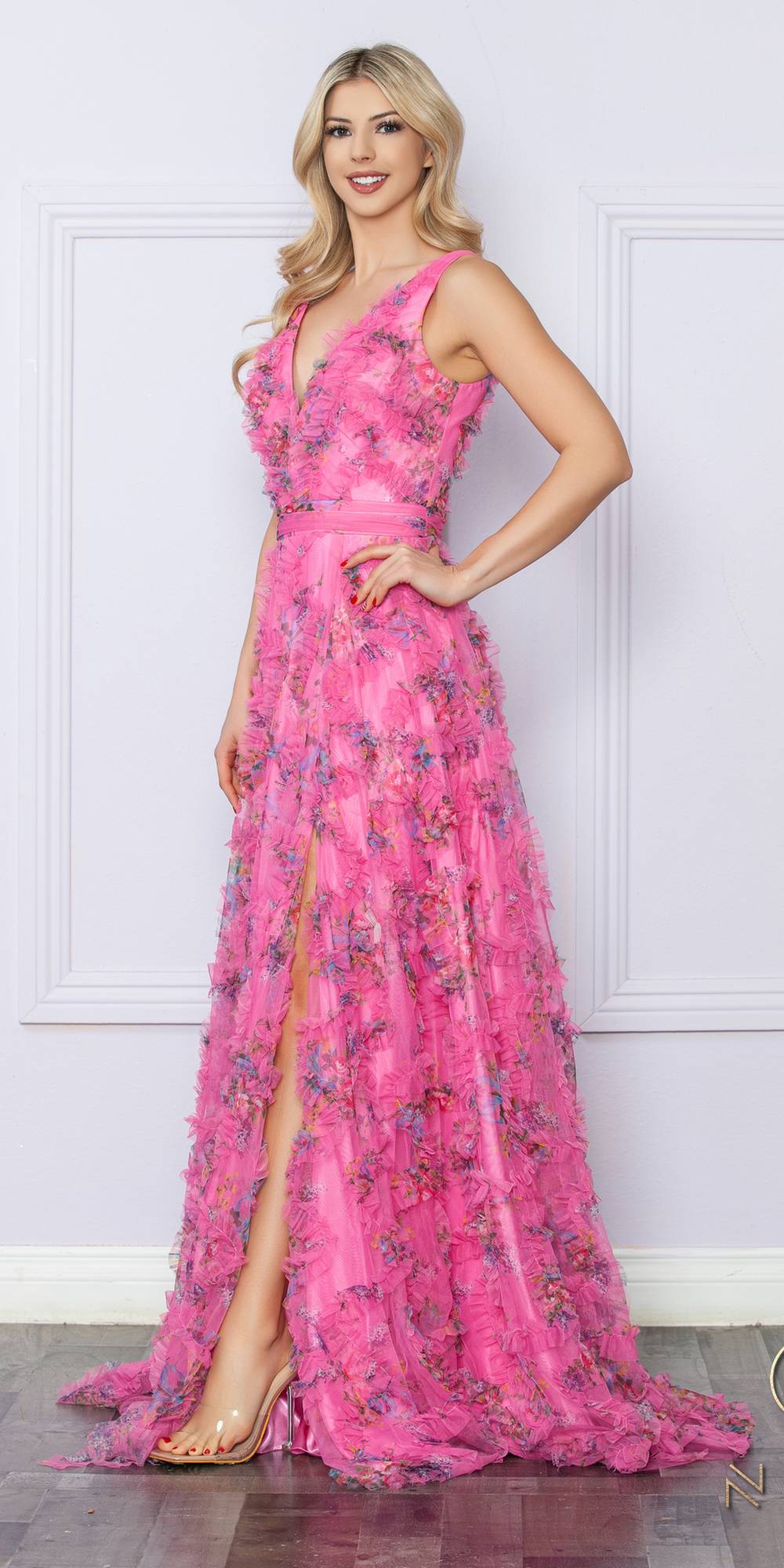 Fuchsia floral print long evening gown, sleeveless V-neck, fitted waist and A-line skirt