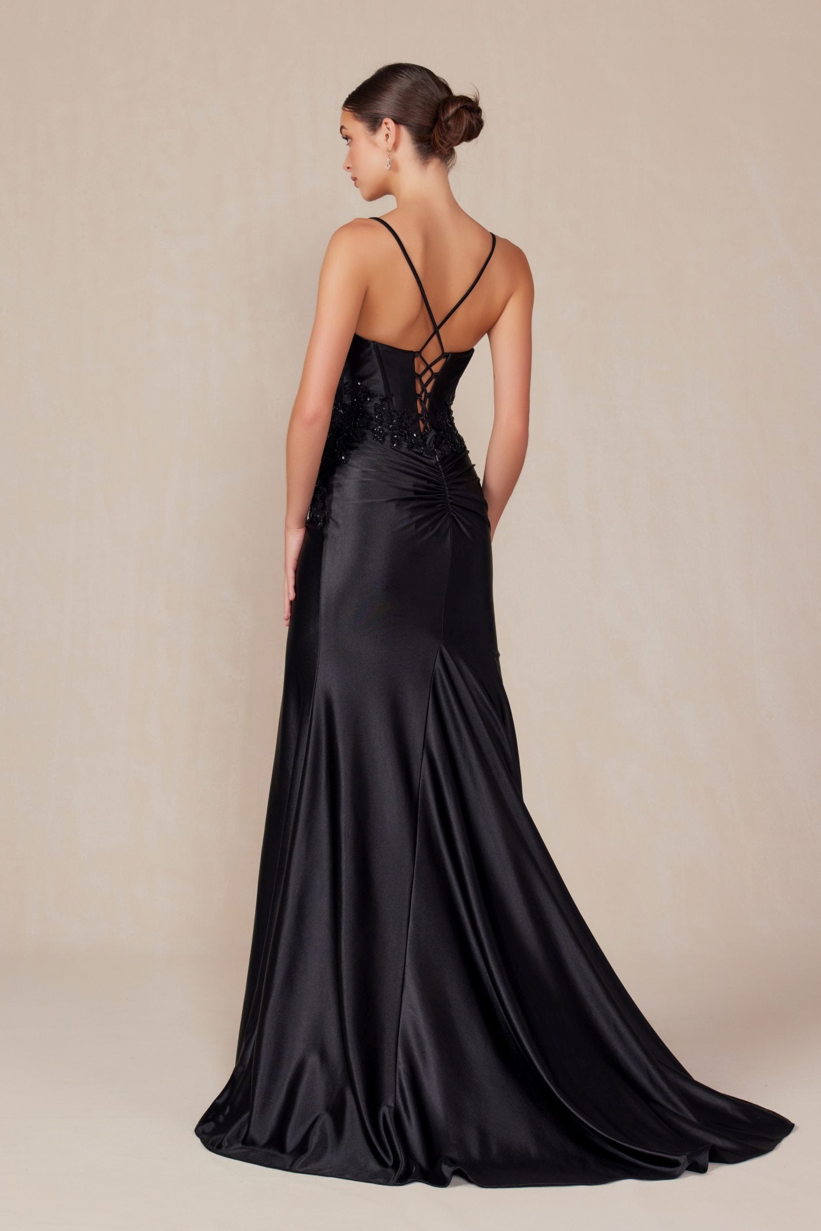 Black satin evening dress, open back with thin straps and beaded sweetheart bodice
