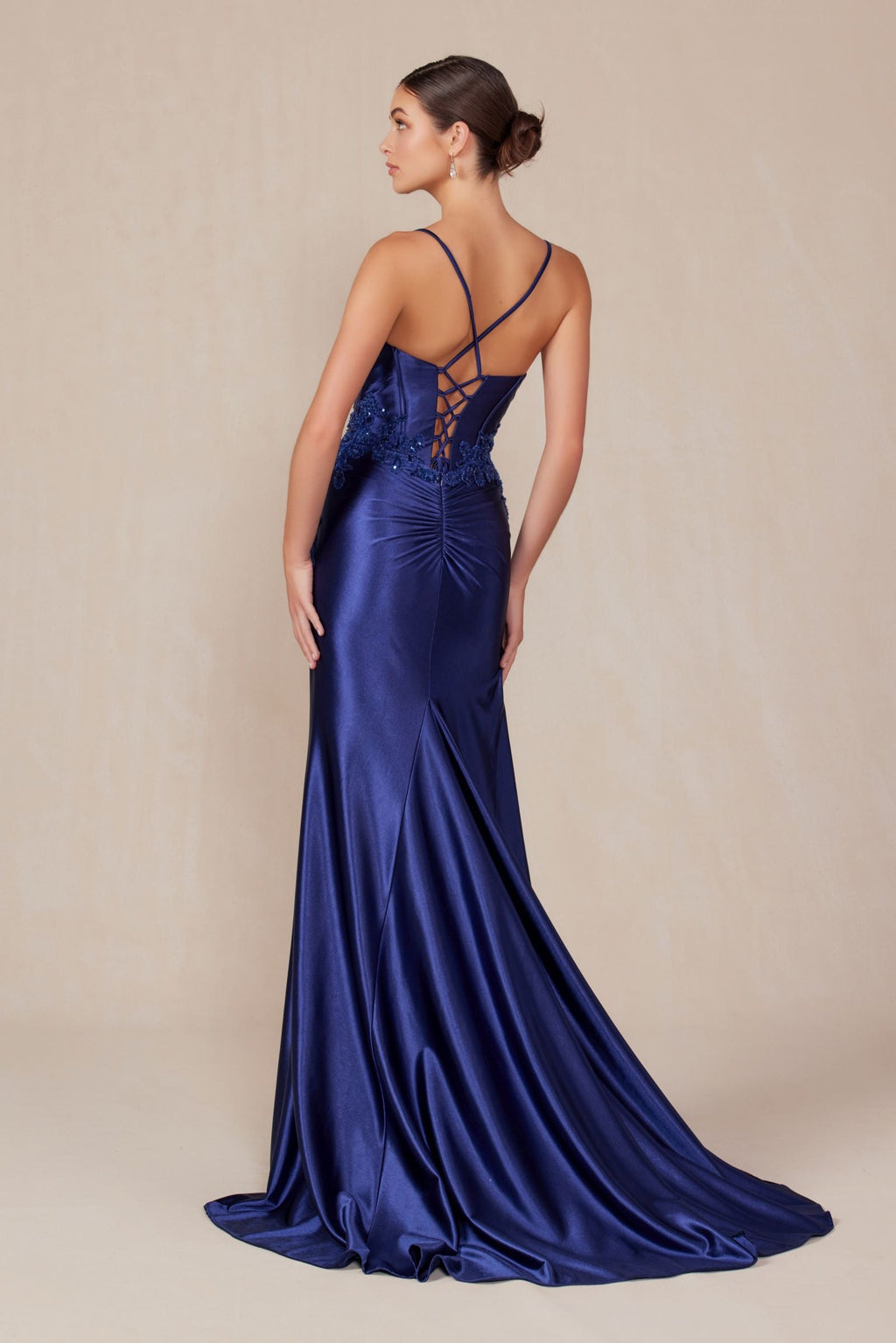 Navy satin evening dress, crisscross open back with spaghetti straps and front slit
