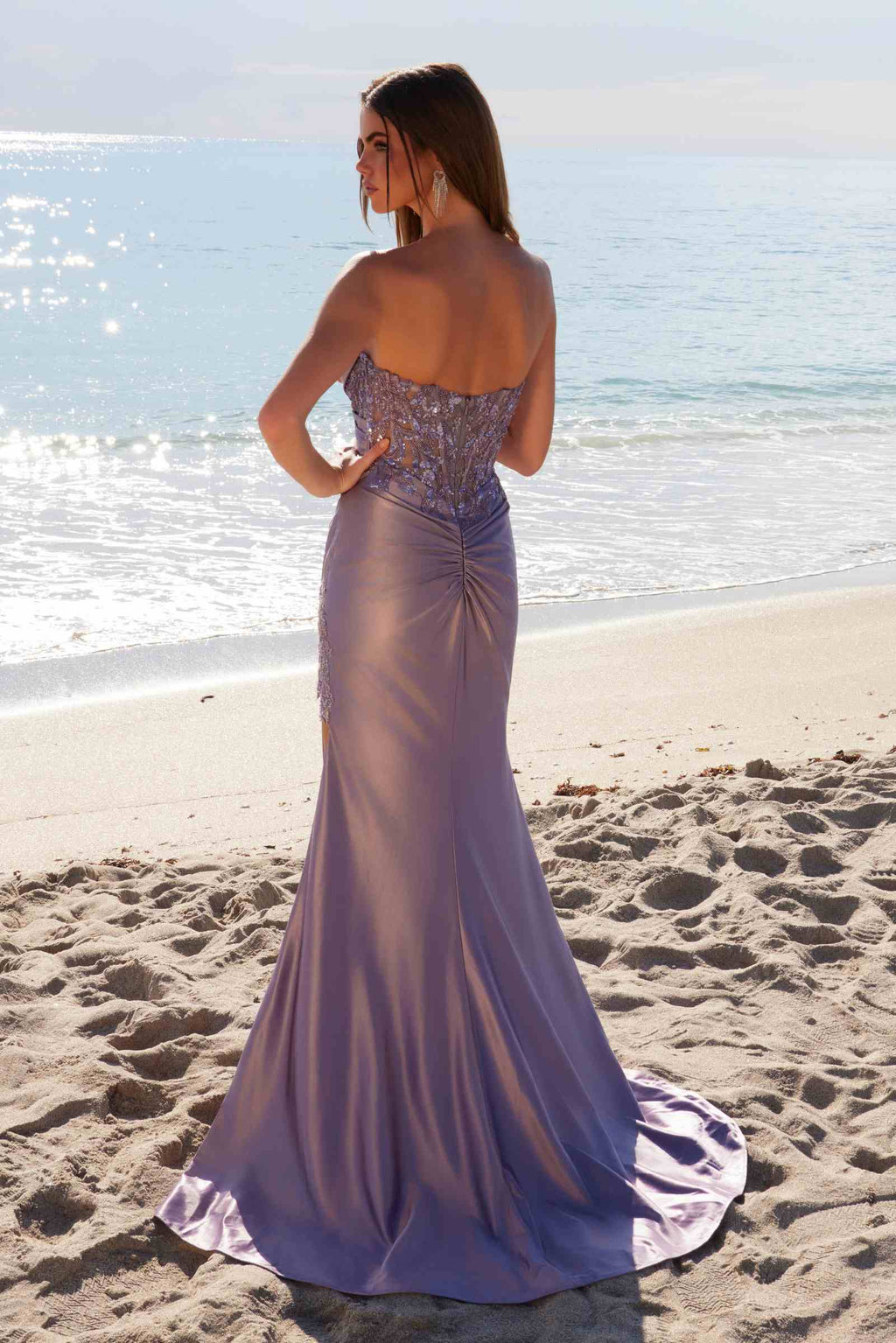 Lavender satin evening dress with jeweled corset bodice, spaghetti straps, high slit