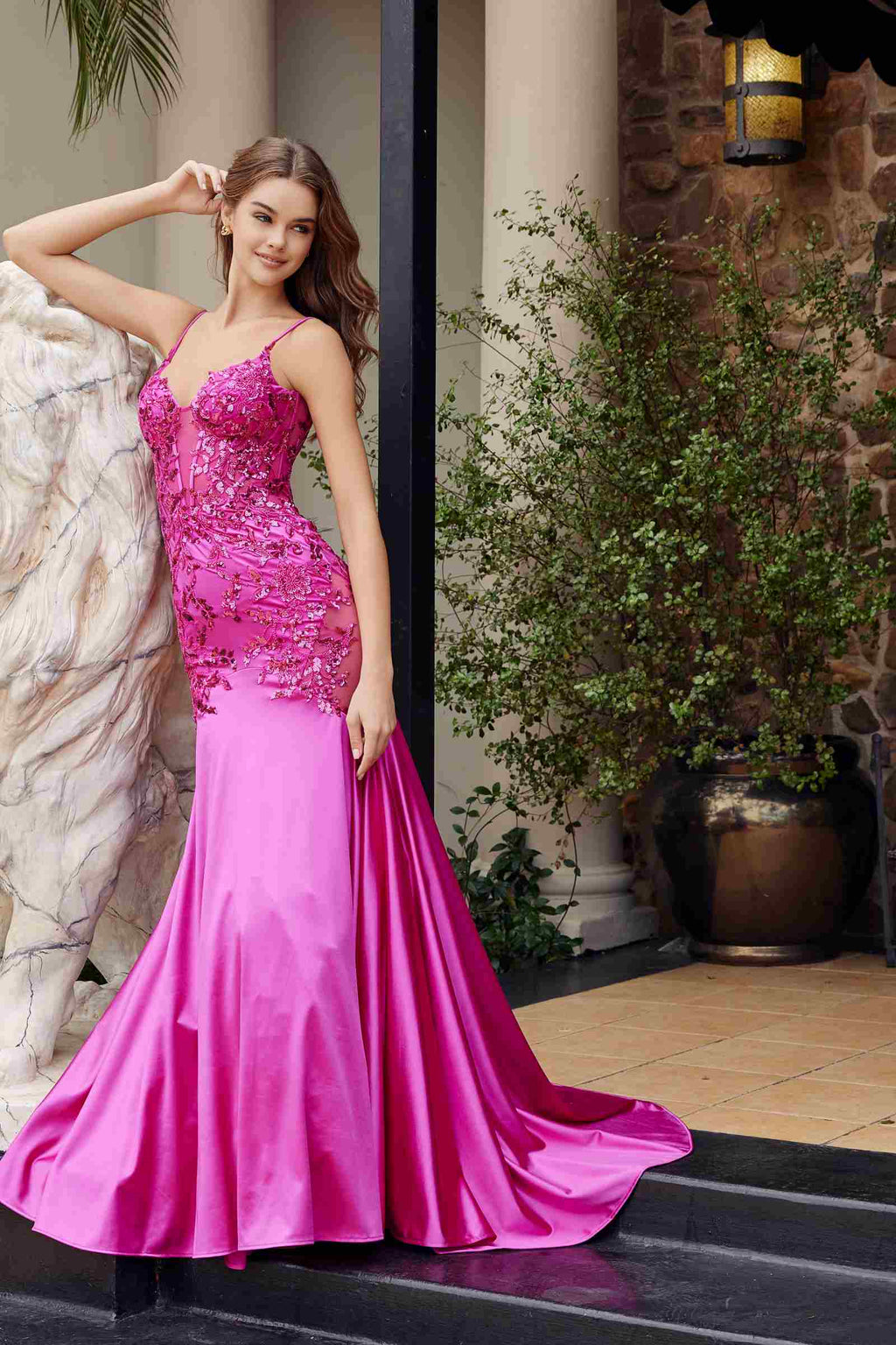 Fuchsia satin mermaid dress with sparkling sequin applique on bodice and hem flare