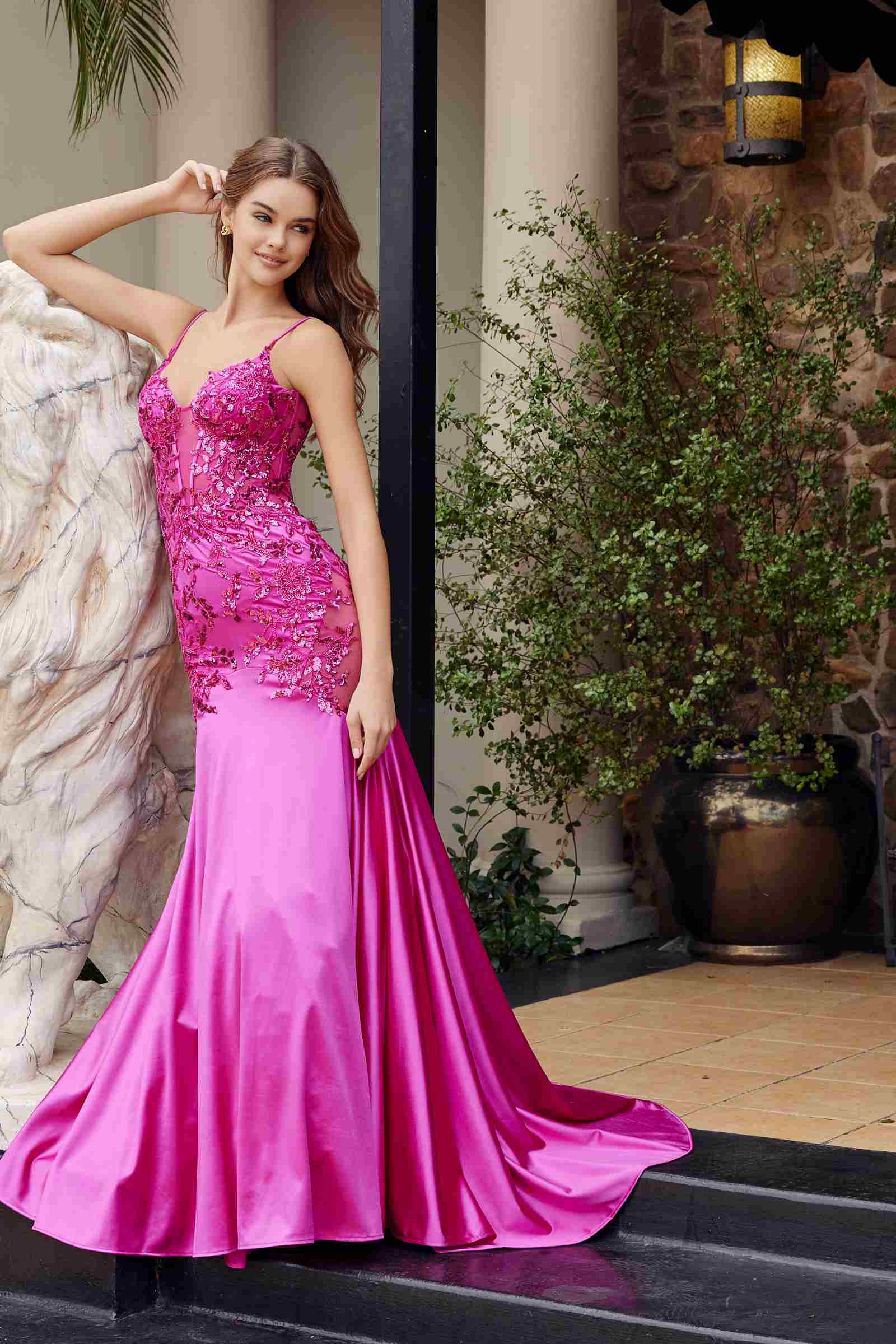 Fuchsia satin mermaid dress with sparkling sequin applique on bodice and hem flare