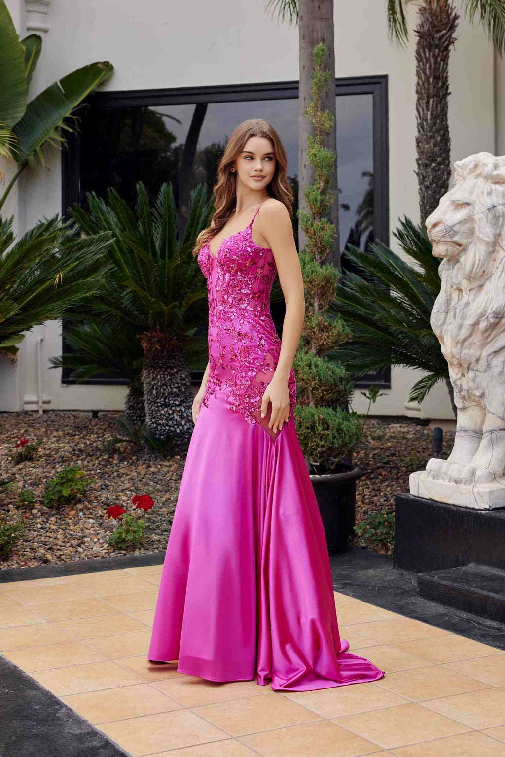 Fuchsia sequin bodice satin mermaid dress with V-neck and fitted skirt