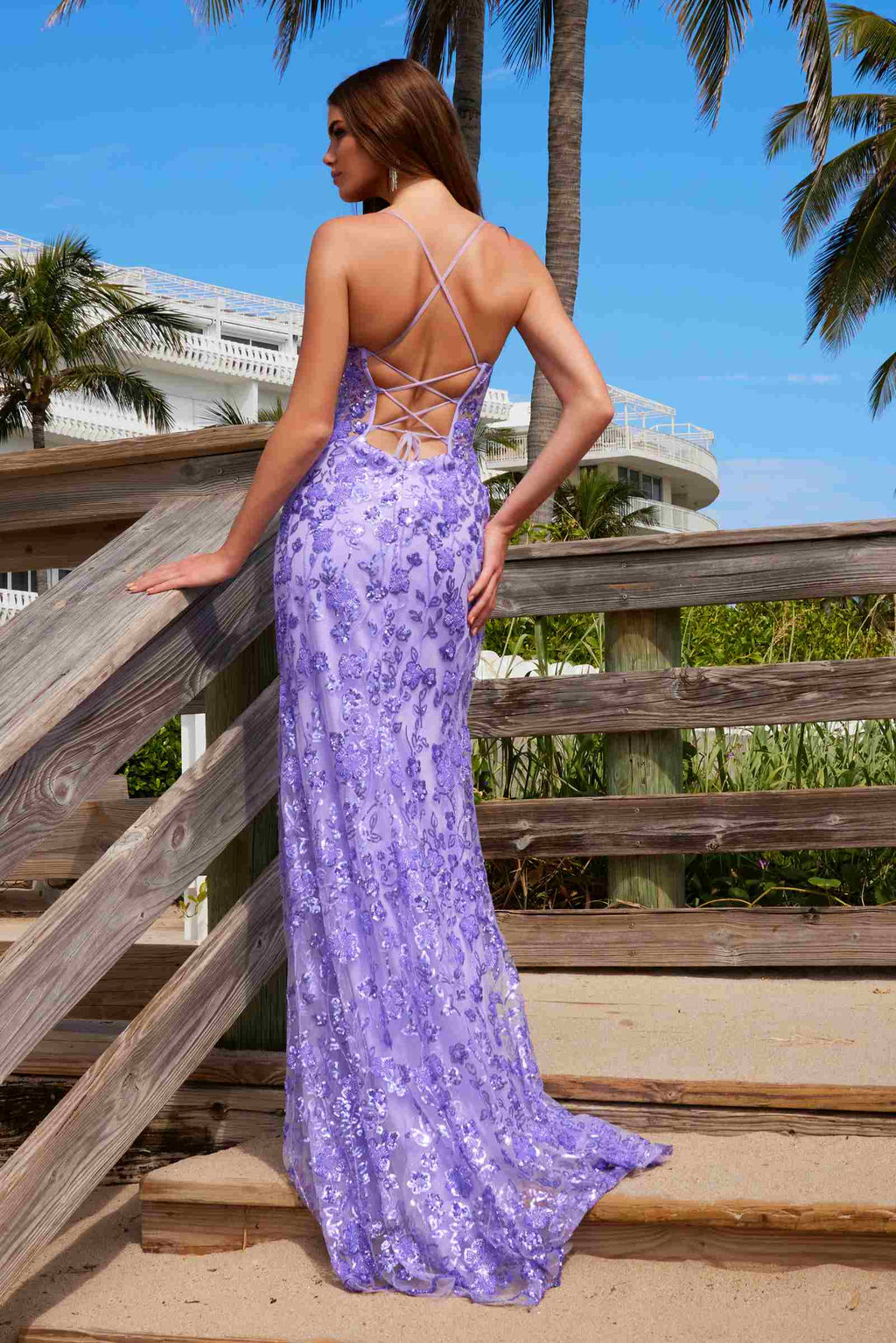 Purple long beaded sequin dress with floral pattern, low crisscross back straps