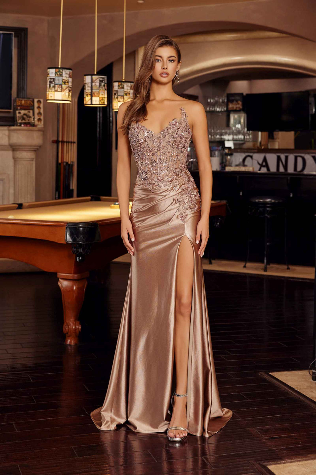 Mocha gold strapless sweetheart prom gown with jeweled applique bodice and side slit