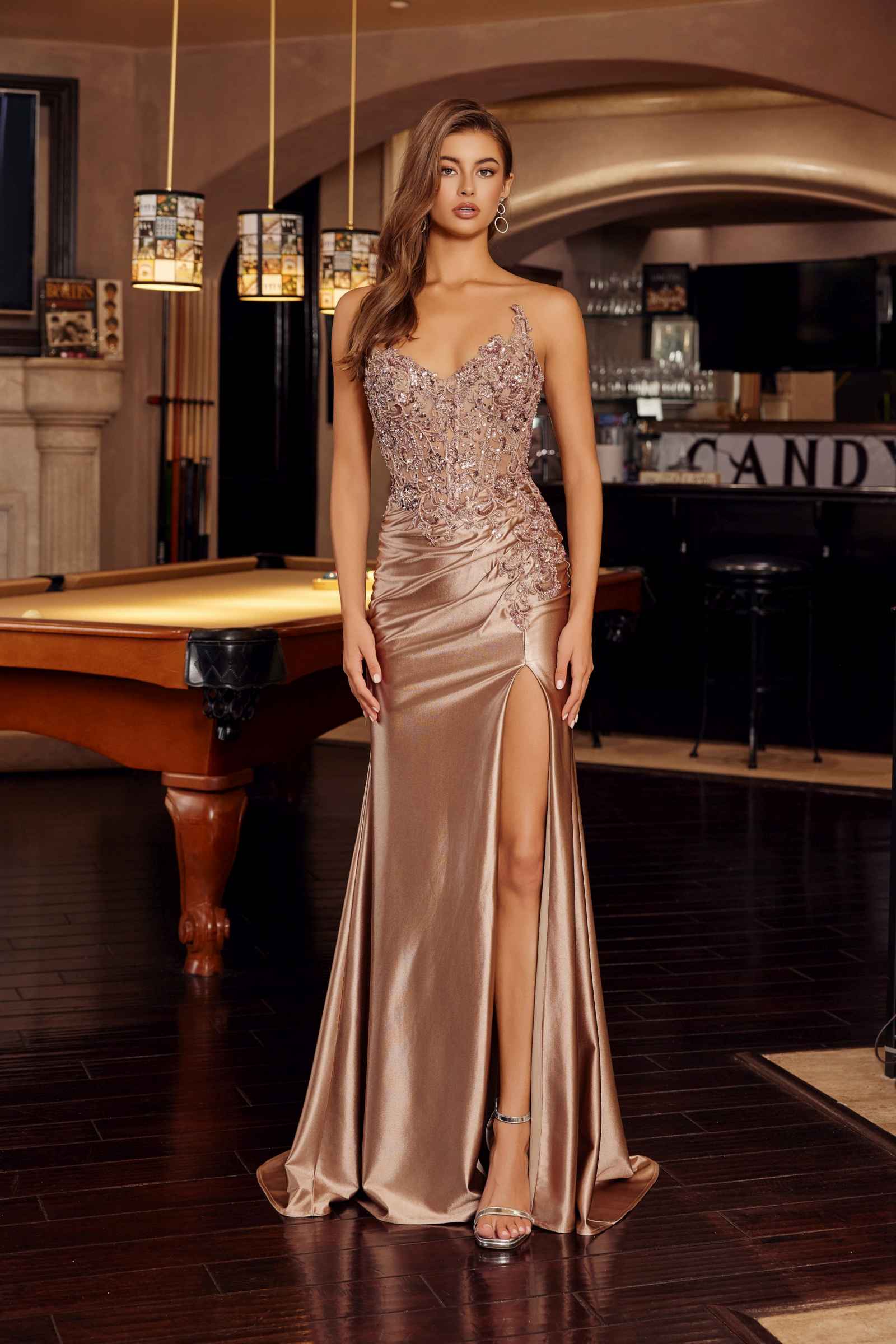 Mocha gold strapless sweetheart prom gown with jeweled applique bodice and side slit