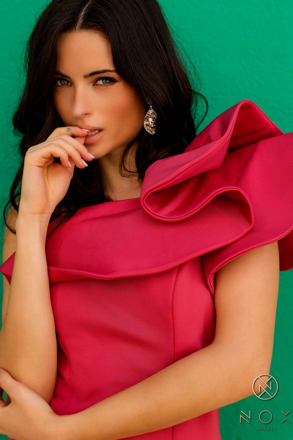 One-shoulder ruffle overlay sheath gown, close-up of red one-shoulder ruffle overlay.