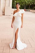 White one-shoulder ruffle sheath gown with side slit and flowing overlay train