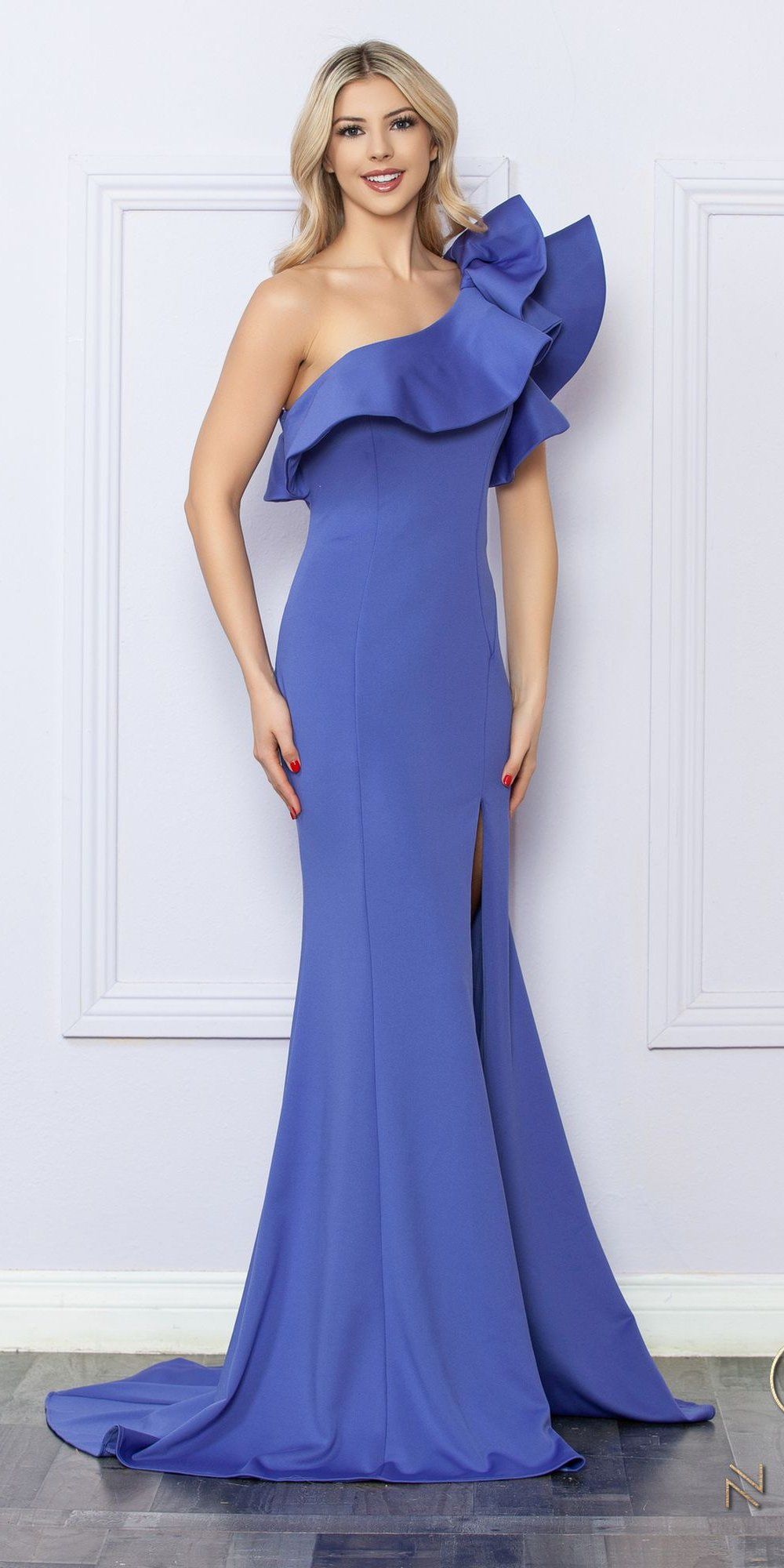 Royal blue one-shoulder ruffle sheath gown with fitted bodice and front leg slit