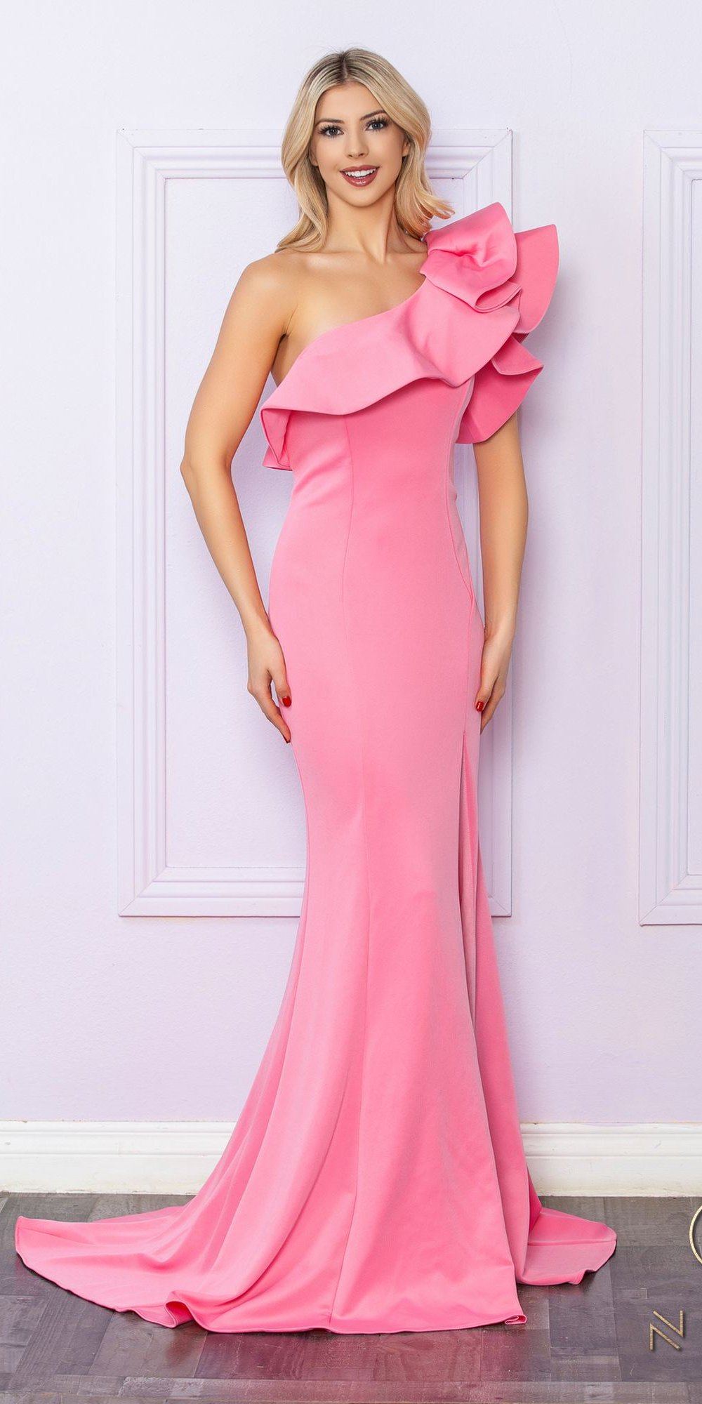 One-shoulder ruffle overlay sheath gown, long pink dress with side slit.
