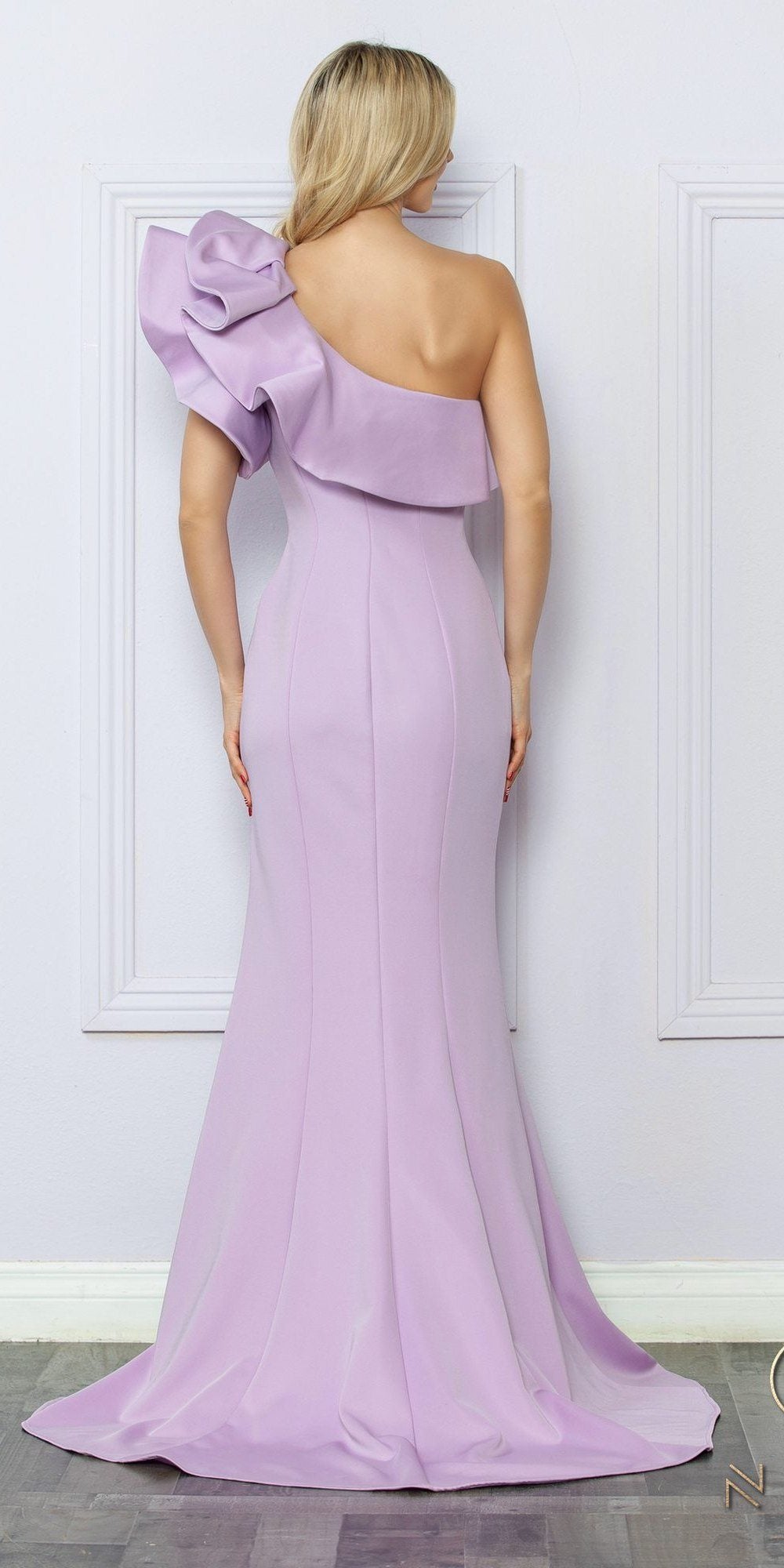 One-shoulder ruffle overlay sheath gown, long lilac back view with open neckline.