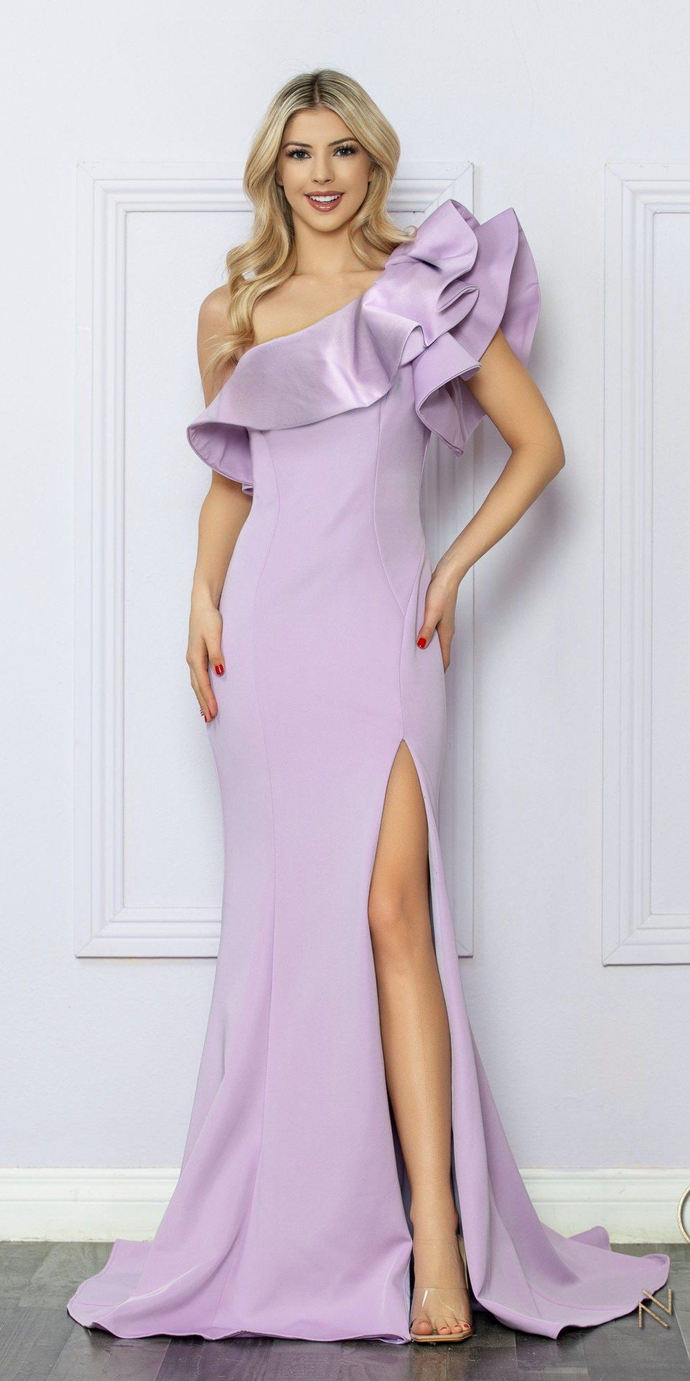 One-shoulder ruffle overlay sheath gown, long lilac dress with ruffle shoulder detail.