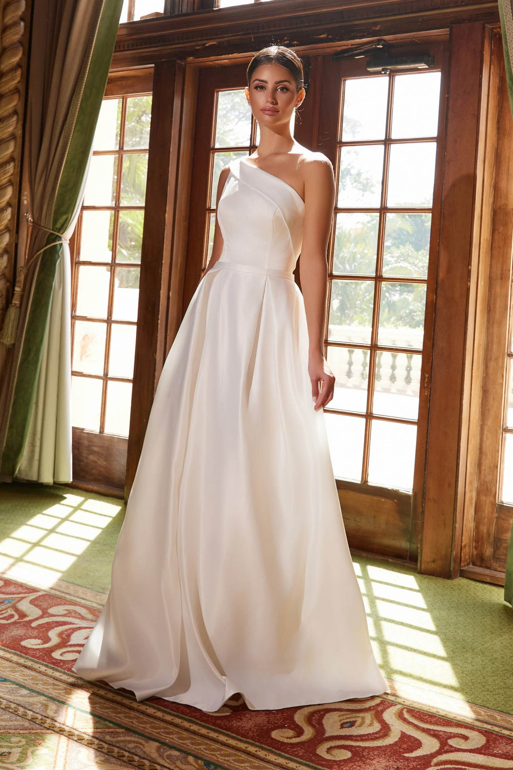 White one-shoulder satin A-line long dress, front view with smooth neckline and skirt