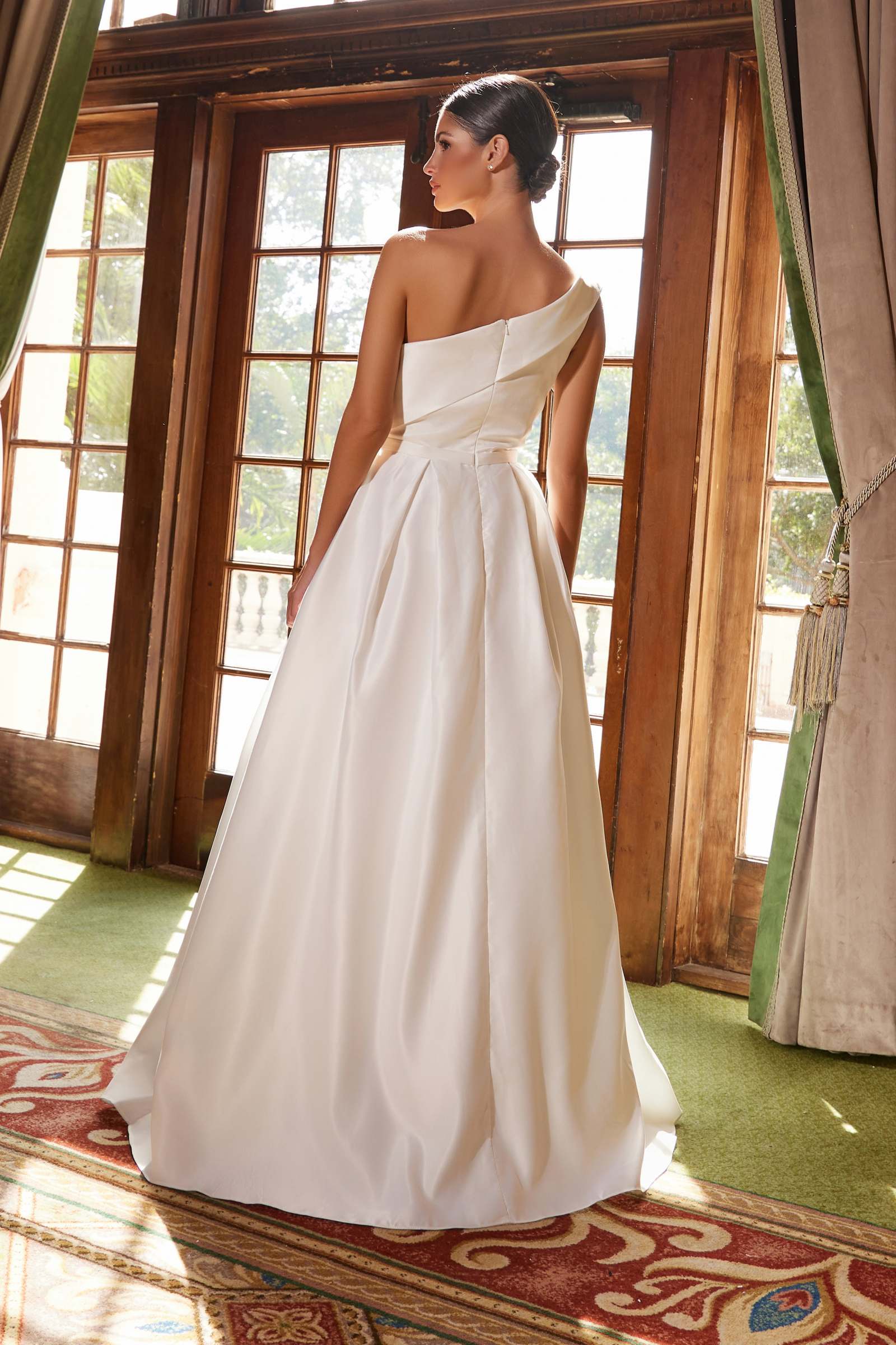 White one-shoulder satin A-line long dress, side view, draped skirt and waist seam
