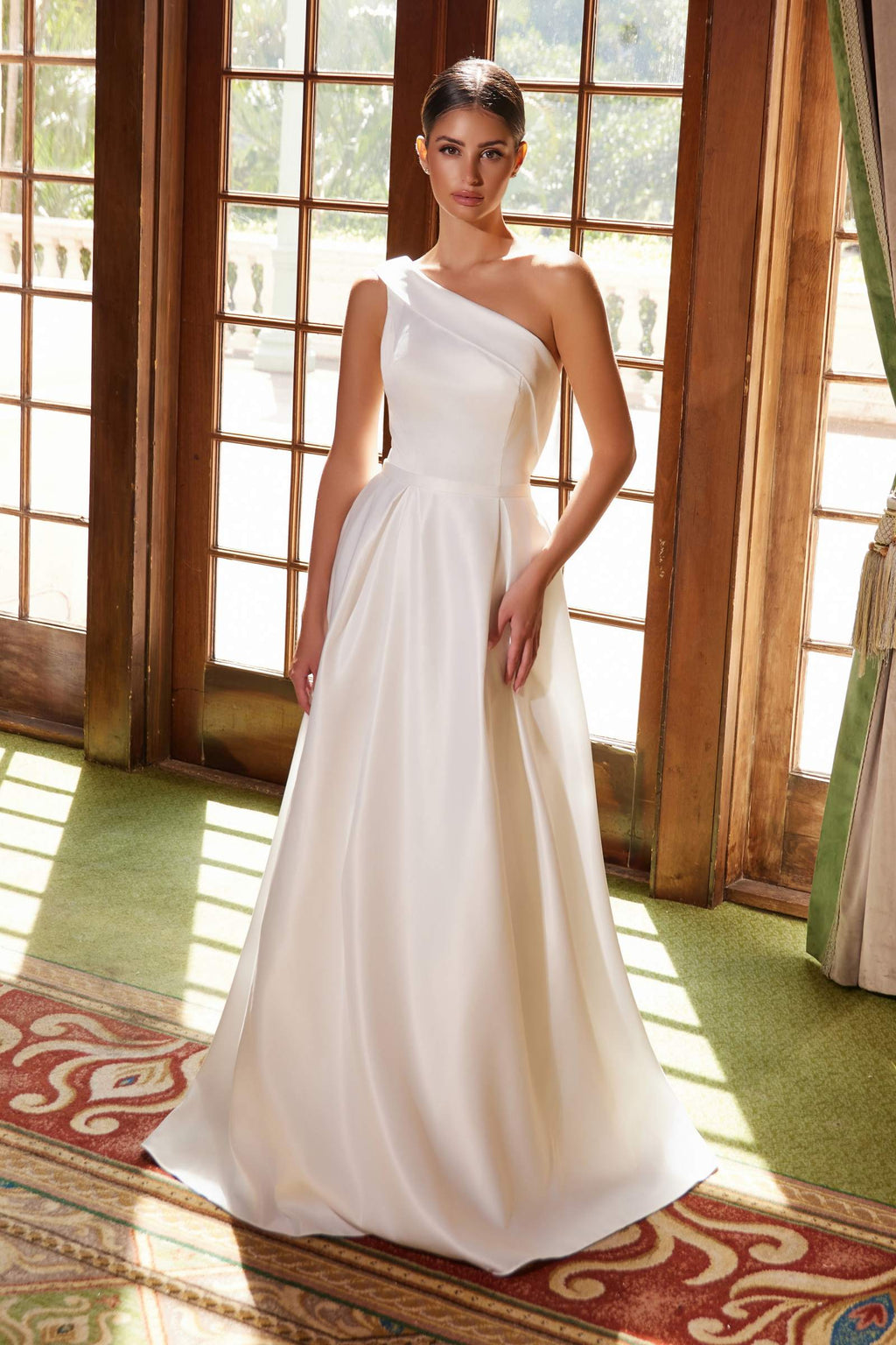 White one-shoulder satin A-line long dress with fitted bodice and full skirt