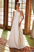 White one-shoulder satin A-line long dress with fitted bodice and full skirt