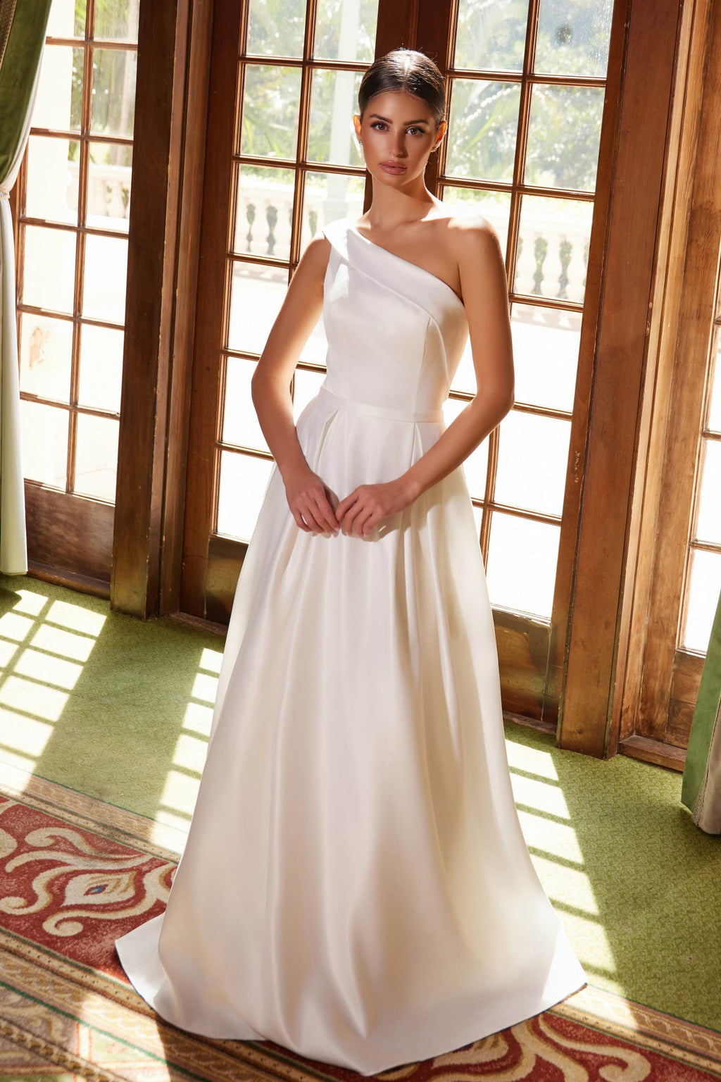 White one-shoulder satin A-line long dress, front view with gathered waist detail