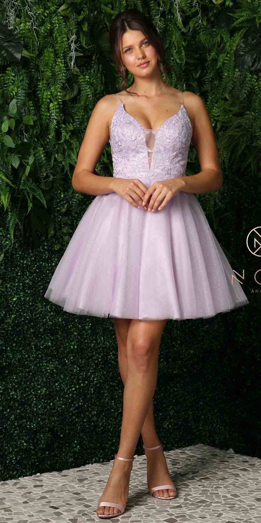 Dusty lilac short dress with plunging V-neck, embroidered bodice, and flared skirt.