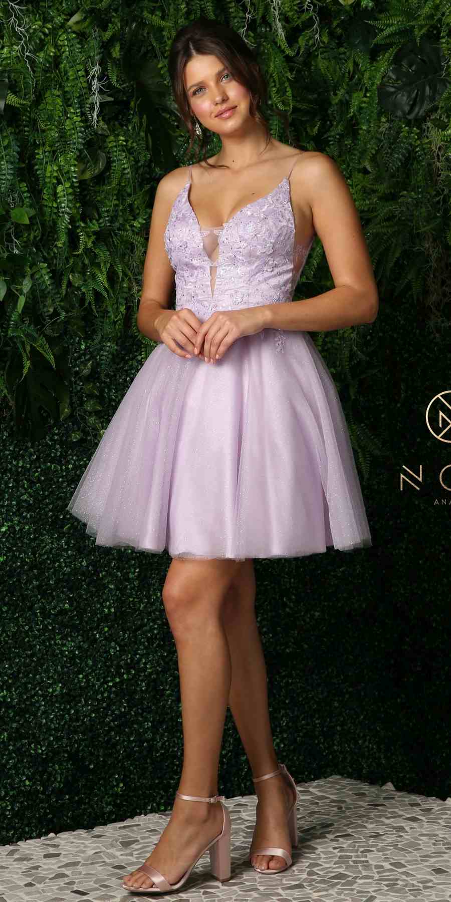 Dusty lilac plunging V-neck embroidered bodice short skater dress, sleeveless.