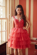 Red short tiered ruffled A-line dress with embellished bodice and thin straps