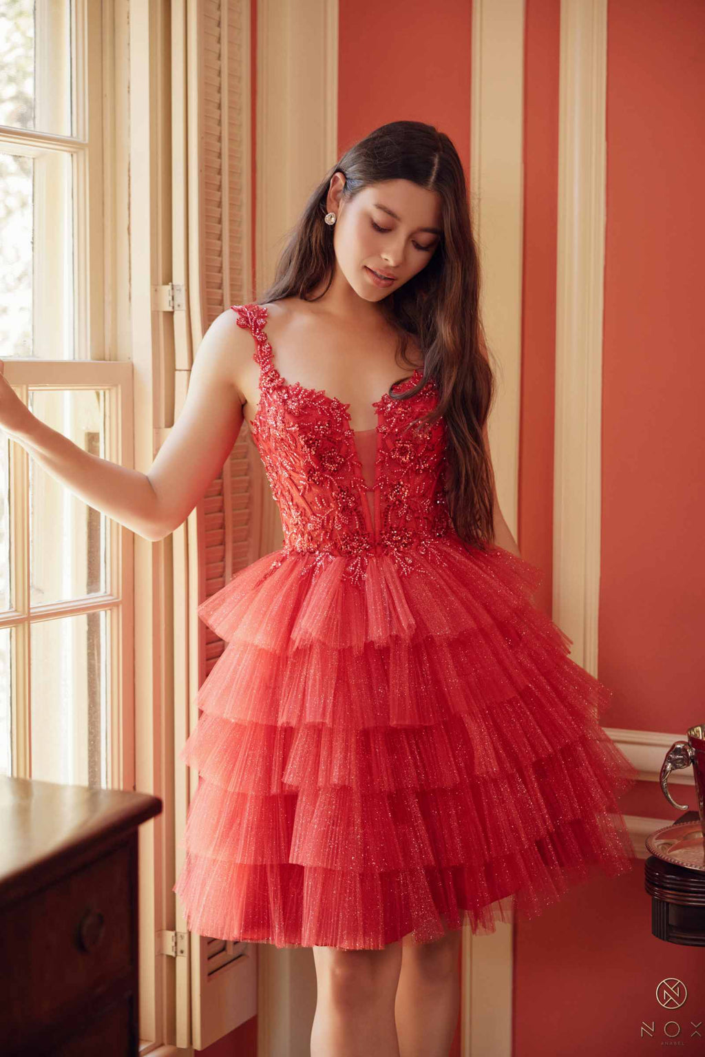 Red short tiered ruffled A-line gown with embroidered bodice and scalloped neckline