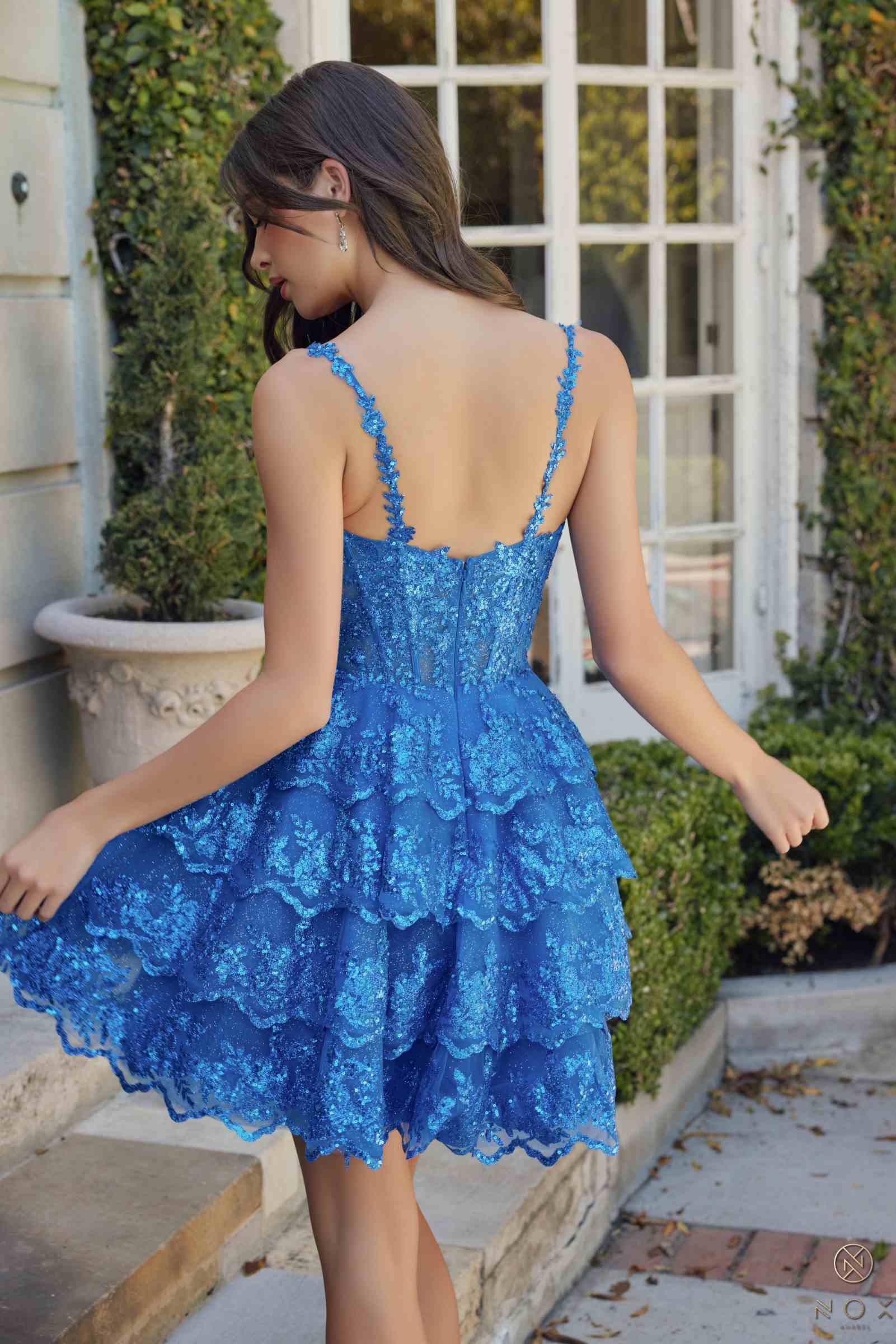 Blue sequin short A-line tiered dress, sleeveless open back with layered ruffle skirt