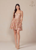 Rose gold applique tiered A-line short dress, sleeveless with V neckline