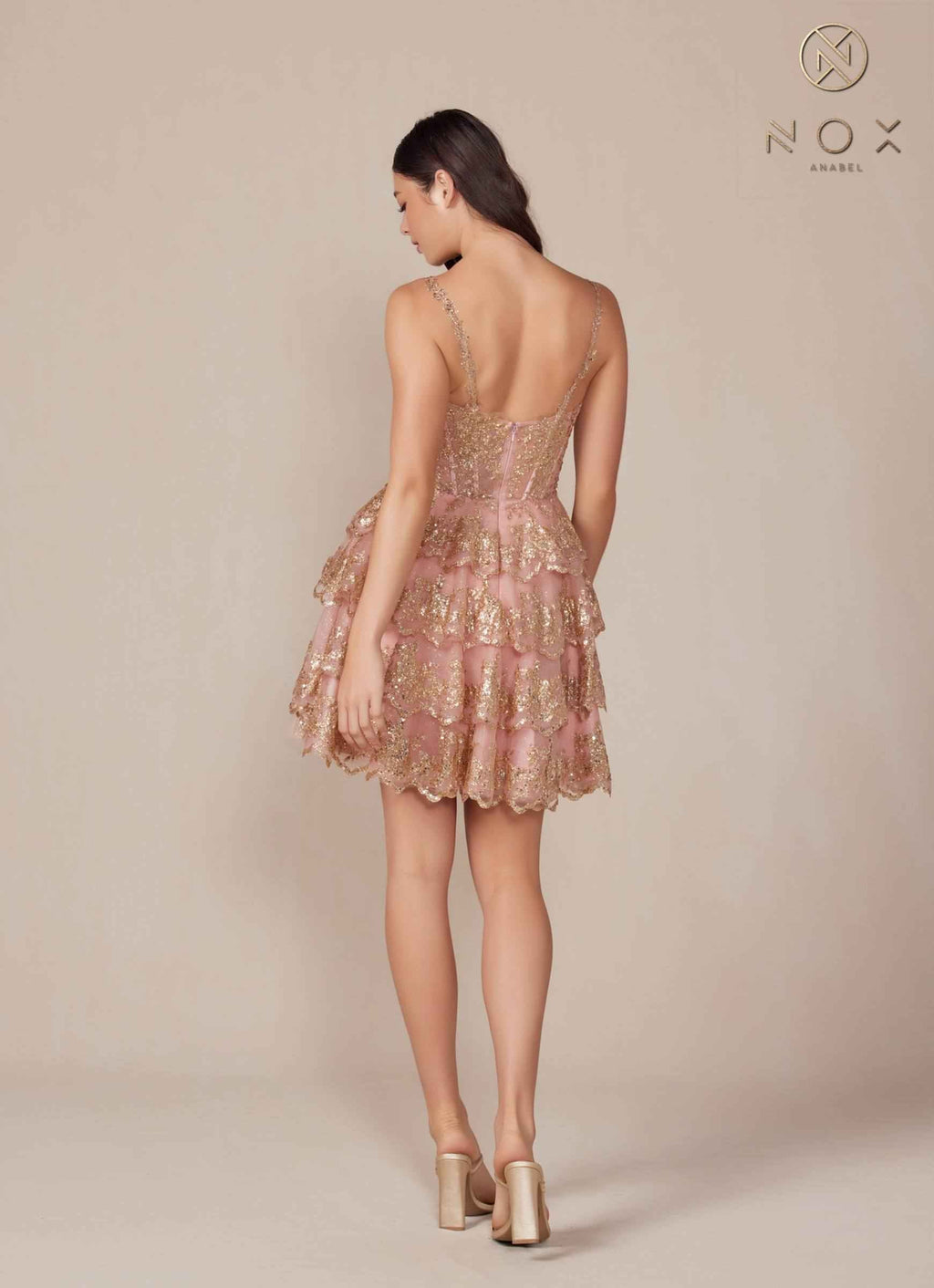 Rose gold sequin short A-line tiered dress, sleeveless open back with tiered skirt