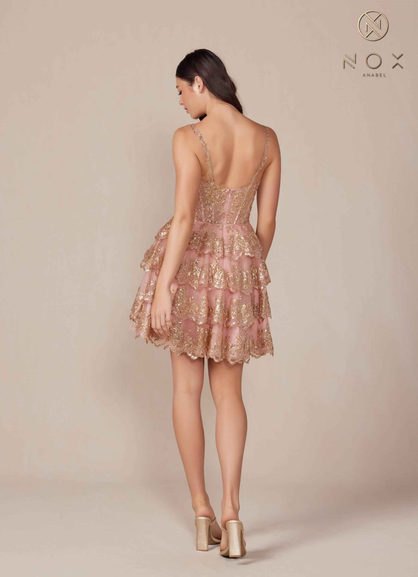 Rose gold sequin short A-line tiered dress, sleeveless open back with tiered skirt