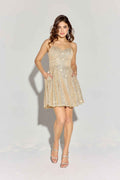 Champagne short sequin dress with spaghetti straps, V neckline and flared skirt