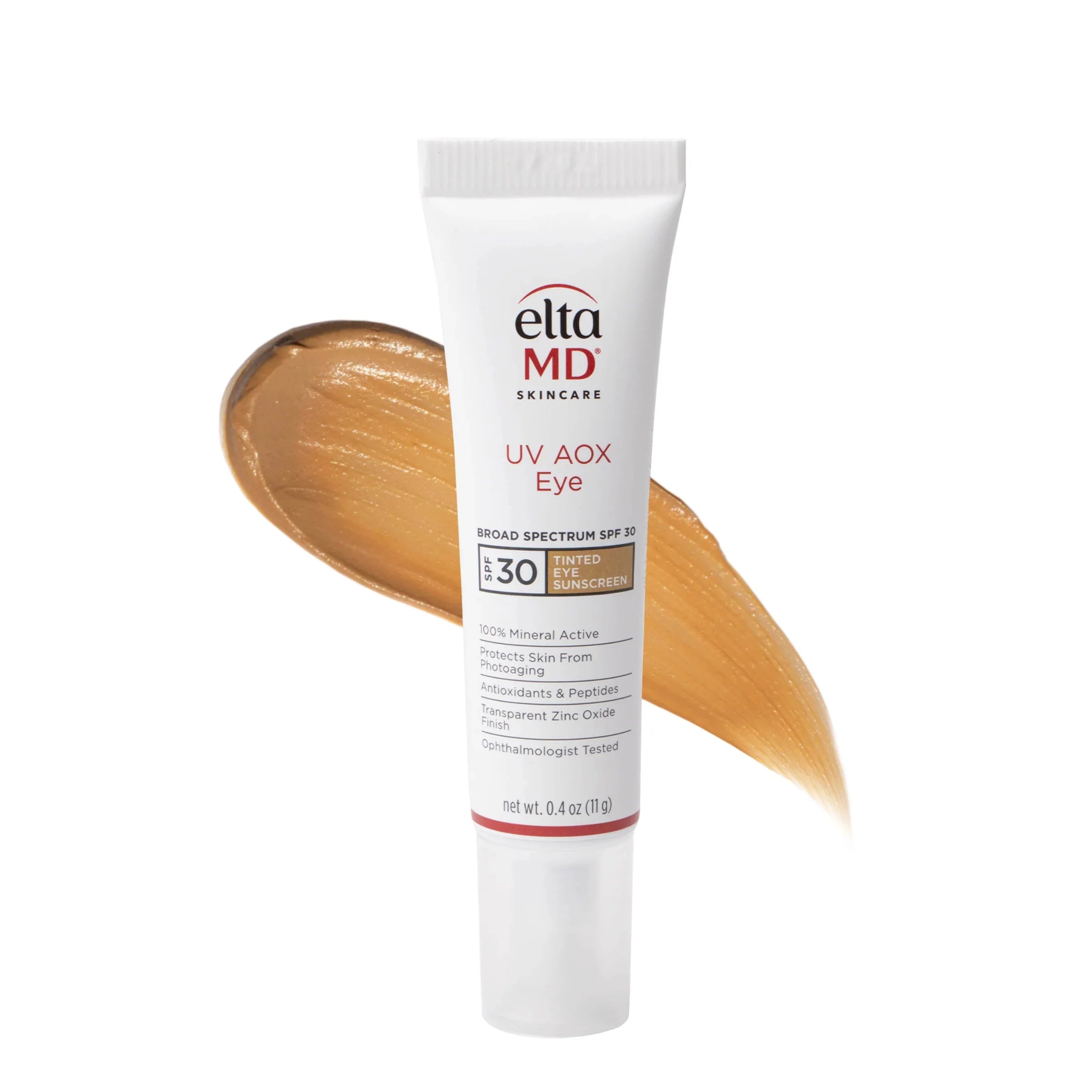 EltaMD UV AOX Eye SPF 30 tinted sunscreen in white squeeze tube with brown swatch