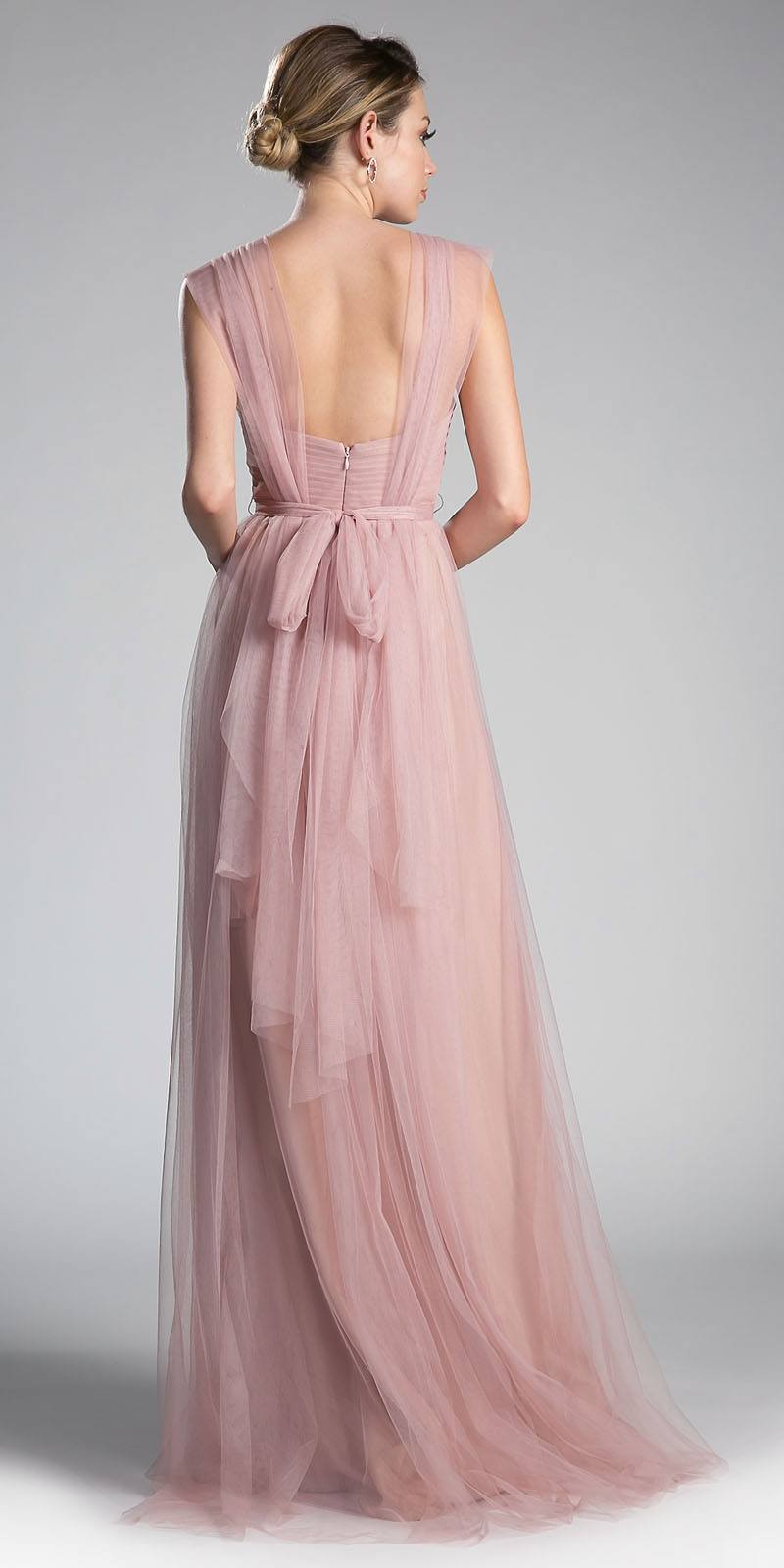 Blush tulle long bridesmaid dress, open back, gathered waist, sheer skirt